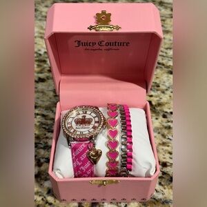 Juicy Couture Pink and Silver Heart Watch and Bracelet Set With Box NEW